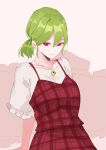  1girl adapted_costume alternate_hairstyle closed_mouth commentary green_hair jewelry kazami_yuuka looking_at_viewer pendant pink_background plaid plaid_skirt plaid_vest red_eyes red_skirt red_vest shirt skirt smile solo tohoyuukarin touhou vest white_shirt 