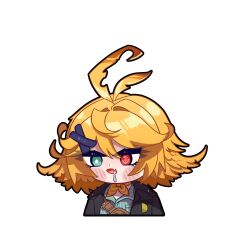  1girl absurdres ahoge aqua_eyes aqua_shirt black_jacket blonde_hair chibi cropped_torso dokibird drooling fang hair_ornament hairclip heterochromia highres indie_virtual_youtuber jacket medium_hair neckerchief open_mouth orange_neckerchief red_eyes shirt simple_background skin_fang solo upper_body virtual_youtuber white_background 