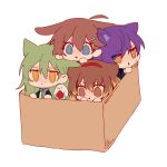  2boys 2girls ahoge animal_ears bird black_jacket blonde_hair blue_eyes box brown_eyes brown_hair cardboard_box cat_boy cat_ears cat_girl closed_mouth collared_shirt commentary_request dog_ears dog_girl er_hea green_hair green_necktie hair_between_eyes hair_ornament hairband hairclip hod_(project_moon) in_box in_container jacket kemonomimi_mode lobotomy_corporation long_hair long_sleeves malkuth_(project_moon) multicolored_hair multiple_boys multiple_girls necktie netzach_(project_moon) no_nose open_clothes open_jacket open_mouth project_moon punishing_bird purple_hair red_hairband shirt short_hair simple_background sweat triangle_mouth v-shaped_eyebrows white_background white_shirt yellow_eyes yesod_(project_moon) 