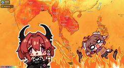  2girls :o animal_ears ardelia_(arknights) arknights arknights:_endfield black_dress black_horns blush_stickers bound bound_torso brown_hair chibi commentary crying crying_with_eyes_open curled_horns demon_girl demon_horns dress english_commentary eyjafjalla_(arknights) ffrouty_aiz fire grey_horns hair_intakes heatmap highres horns laevatain_(arknights) long_hair looking_at_viewer map melting_ice_cream multiple_girls open_mouth red_hair rotisserie sheep_ears sheep_girl sheep_horns solid_circle_eyes surtr_(arknights) tears violet_eyes weather_forecast |_| 