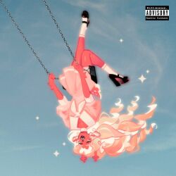  1girl album_cover_redraw animal_ears antlers black_shoes blonde_hair blue_background choker closed_eyes collared_dress commentary cosplay deer_antlers deer_ears deer_girl deer_tail deltarune derivative_work dress drill_hair english_commentary furry furry_female high_heels highres horns killjoyous neckerchief noelle_holiday olivia_rodrigo olivia_rodrigo_(cosplay) on_swing open_mouth parental_advisory pink_dress puffy_short_sleeves puffy_sleeves shoes short_sleeves smile socks solo swing tail upside-down utdr_(toby_fox) white_choker white_neckerchief white_socks 