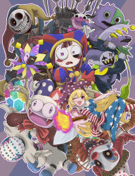  2girls absurdres american_flag_dress american_flag_legwear animatronic asymmetrical_gloves bittergiggle blonde_hair blush_stickers bow brown_hair character_request clown clownpiece commentary_request copyright_request deltarune fangs five_nights_at_freddy's five_nights_at_freddy's:_secret_of_the_mimic garten_of_banban gloves haruuuu1185_(kubaharu) hat highres holding holding_microphone holding_weapon jackie_in_the_box jester_cap kirby_(series) marx_(kirby) microphone mismatched_gloves multicolored_eyes multiple_girls one_eye_closed open_mouth pokemon pomni_(the_amazing_digital_circus) poppy_playtime prototype_(poppy_playtime) red_bow robot sharp_teeth smile teeth the_amazing_digital_circus tongue tongue_out touhou trait_connection utdr_(toby_fox) violet_eyes weapon 
