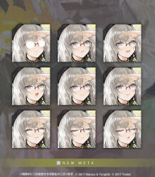  1girl :d azur_lane closed_eyes closed_mouth commentary_request expression_chart glasses grey_eyes grey_hair hat koeln_(azur_lane) koeln_(meta)_(azur_lane) looking_at_viewer multiple_expressions official_art open_mouth rimless_eyewear smile translation_request 
