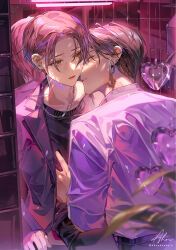  2boys absurdres ahoi black_pants black_sweater brown_hair commentary_request ear_piercing highres indoors jacket long_sleeves male_focus mirror multiple_boys open_clothes open_jacket original pants parted_lips piercing pink_hair purple_jacket shirt short_hair short_sleeves signature sweater tile_wall tiles twitter_username upper_body white_shirt yellow_eyes 