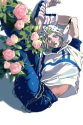  1boy american_flag american_flag_print arm_warmers arms_behind_head beanie blonde_hair blue_eyes blue_lips blue_pants commentary_request feet_out_of_frame flag_print flower hat highres hood hoodie horseshoe_hat_ornament horseshoe_ornament johnny_joestar jojo_no_kimyou_na_bouken looking_at_viewer male_focus medium_hair midriff_peek non_kibou pants parted_bangs parted_lips pink_flower pink_rose print_arm_warmers print_pants rose sleeveless sleeveless_hoodie solo star_(symbol) star_print white_background white_hoodie 
