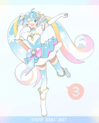  1girl agonasubi ahoge blonde_streaks blue_choker blue_dress blue_eyes blue_hair blue_thighhighs boots bow character_name choker collarbone commentary_request curly_hair dress elbow_gloves frilled_sleeves frills full_body gloves gold_trim gradient_thighhighs hair_bow hair_ornament hair_ribbon hatsune_miku highres layered_dress letterboxed long_hair looking_at_viewer multicolored_hair multicolored_ribbon musical_note musical_note_hair_ornament one_eye_closed open_mouth outstretched_arm pink_streaks puffy_short_sleeves puffy_sleeves ribbon short_sleeves smile snowflake_print solo standing standing_on_one_leg star_(symbol) star_hair_ornament streaked_hair thigh-highs twintails very_long_hair vocaloid waving white_boots white_dress white_gloves yuki_miku yuki_miku_(2027)_(candidate_no.3) 
