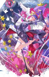  2026 absurdres angel_wings barefoot book clouds cloudy_sky colored_inner_hair commentary diamond_hairband dress dynamic_pose english_commentary eye_print feathered_wings furisode_sleeves halo heterochromia highres holding holding_microphone_stand hololive hololive_english hungyn16526851 looking_at_viewer microphone_stand multicolored_eyes multicolored_hair ninomae_ina'nis ninomae_ina'nis_(drawn_to_dawn) official_alternate_costume pink_eyes pleated_dress purple_hair short_hair sky solo_focus star_(symbol) takodachi_(ninomae_ina'nis) tentacle_hair thigh_strap violet_eyes virtual_youtuber wings yellow_halo 