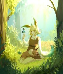  1girl ahoge animal_ears animal_on_lap arm_at_side arm_support backlighting belt blonde_hair blouse blue_butterfly blurry blurry_background blush bob_cut breasts brown_belt brown_dress brown_eyes bug butterfly butterfly_on_hand closed_eyes commentary dappled_sunlight dress eevee flipped_hair foliage forest friend_ball frilled_dress frills grass green_streaks hand_up highres index_finger_raised kneeling leaf_tail leafeon long_sleeves looking_at_animal multicolored_hair nature on_ground on_lap one_ear_down parted_lips personification pinafore_dress poke_ball pokemon pokemon_(creature) riritsune shirt short_hair sidelocks sleeping sleeveless sleeveless_dress small_breasts smile streaked_hair sunlight tail tree vivillon vivillon_(savanna) white_shirt 