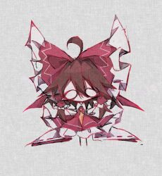  1girl ahoge ascot back_bow bow brown_hair canvas_texture chibi commentary_request dress emo_art frilled_bow frilled_dress frills full_body grey_background hair_bow hakurei_reimu no_mouth o_o red_bow red_dress simple_background solo touhou user_dpgf7477 yellow_ascot 