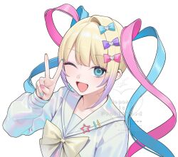  1girl blonde_hair blue_bow blue_eyes blue_hair blue_nails blush bow chouzetsusaikawa_tenshi-chan commentary_request eyeshadow fingernails gradient_clothes gradient_hair gradient_sailor_collar gradient_shirt hair_bow long_hair long_sleeves looking_at_viewer makeup multicolored_hair multicolored_nails nail_polish needy_girl_overdose ohisashiburi one_eye_closed open_mouth pink_bow pink_eyeshadow pink_hair pink_nails purple_bow purple_hair quad_tails sailor_collar school_uniform serafuku shirt simple_background single_hair_intake smile solo star_ornament v wavy_hair white_background white_bow white_sailor_collar white_serafuku yellow_nails 