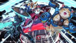  2boys 3girls anran_(overwatch) artist_request black_hair black_pants blue_pants blue_shirt cannon car chain flying fox_mask goggles green_eyes green_hair half_mask hand_fan highres holding holding_fan holding_staff japanese_clothes jetpack jetpack_cat_(overwatch) kappa_costume karakasa_obake kasa_(hat) kiriko_(overwatch) leggings magic mask miko mizuki_(overwatch) motion_lines motor_vehicle multiple_boys multiple_girls official_art orange_fur orange_shirt orange_shorts overwatch pants payload_cart ponytail red_leggings red_shoes rope rope_belt shimenawa shirt shoes shorts staff topknot torii umbrella whiskers white_shirt wuyang_(overwatch) 