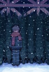  1boy bound christmas_tree closed_eyes commentary cyberseaurchin english_commentary grey_hair highres jacket male_focus mittens original pants red_scarf scarf scarf_over_mouth snow snowing solo standing tied_up_(nonsexual) winter winter_clothes 