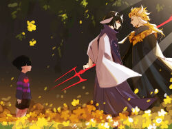  3boys animal_ears asgore_dreemurr asgore_dreemurr_(cosplay) asriel_dreemurr black_cape black_hair blonde_hair blue_eyes bob_cut bruno_bucciarati bug cape cosplay crossdressing crossdressing_(mtf) crossover flower flowey_(undertale) frisk_(undertale) frisk_(undertale)_(cosplay) garden giorno_giovanna goat_horns green_eyes hair_over_eyes haruno_shiobana heart highres horns jojo_no_kimyou_na_bouken ladybug_ornament long_hair long_sleeves luminous_slime multiple_boys polearm shorts toriel toriel_(cosplay) trident undertale utdr_(toby_fox) vento_aureo victory_rolls weapon yellow_flower 