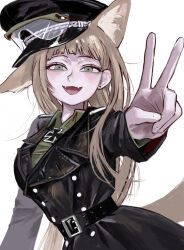 1girl absurdres animal_ears animification aqua_eyes belt black_belt black_hat black_jacket blush brown_hair coat commentary_request cross ear_piercing erwin_rommel fangs fox_ears genderswap genderswap_(mtf) half-closed_eyes hand_up hat highres iron_cross jacket korean_commentary long_hair looking_at_viewer military_coat military_uniform min_do-sik peaked_cap piercing real_life simple_background skin_fangs smile solo v wehrmacht white_background world_war_ii 