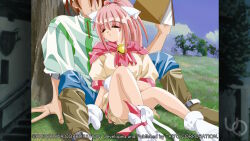  1boy 1girl 2000s_(style) animal_ears animal_hands anime_coloring arm_support atelier-moo bell blue_pants book boots breasts brown_boots cat_ears cat_tail closed_eyes dress faceless faceless_male fluffy_hands foot_out_of_frame game_cg gloves green_shirt hair_between_eyes high_ponytail holding holding_book leaning_on_person long_hair melody_sinclair neck_bell non-web_source official_art outdoors pants parted_lips paw_shoes pink_hair ponytail puffy_short_sleeves puffy_sleeves ribbon shirt short_dress short_sleeves sitting sitting_between_legs sky sleeping smile tail tail_ornament tail_ribbon tented_shirt tree white_gloves yuukyuu_gensoukyoku 