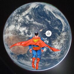  1boy absurdres artist_name blue_bodysuit bodysuit cape cowl dc_comics earth_(planet) english_text from_behind full_body highres male_focus photo_background pizza990 planet red_cape space superman superman_(series) superman_logo 
