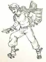  1boy broken broken_chain chain collarbone commentary_request cuffs cup full_body genderswap genderswap_(ftm) geta holding holding_cup horns hoshiguma_yuugi male_focus menotama muscular muscular_male oni open_mouth pants pointy_ears sakazuki shackles sharp_teeth shirt single_horn smile solo teeth touhou 