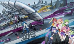  6+girls aircraft airplane arad_molders black_hair blue_eyes blue_hair bodysuit bow breasts brown_eyes chuck_mustang closed_eyes closed_mouth cockpit dress freyja_wion gerwalk gloves green_eyes green_hair hair_behind_ear hair_ornament hayate_immelmann heart heart_hair_ornament helmet highres idol kaname_buccaneer large_breasts long_hair looking_at_viewer macross macross_delta makina_nakajima mecha mecha_pilot_suit messer_ihlefeld mikumo_guynemer military military_vehicle mirage_farina_jenius mohawk multicolored_hair multiple_boys multiple_girls open_cockpit open_mouth pilot pilot_chair pink_hair pointy_ears purple_hair red_hair reina_prowler robot science_fiction short_hair short_side_ponytail side_ponytail smile tenjin_hidetaka twintails variable_fighter very_long_hair vf-31 vf-31c vf-31e vf-31f vf-31j vf-31s walkure_(macross_delta) zentradi 