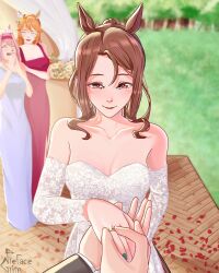  1boy 3girls absurdres animal_ears bow breasts bride brown_eyes brown_hair crying dress ear_bow green_nails haru_urara_(umamusume) headband herringbone highres horse_ears horse_girl jewelry king_halo_(umamusume) lace lipstick makeup matikanefukukitaru_(umamusume) multiple_girls orange_hair petals pink_hair pink_headband prefacegrim ring rose_petals smile umamusume wedding wedding_dress wedding_ring 