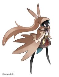  1girl absurdres alternate_species belt belt_buckle black_belt black_skirt bow bowtie brown_bow brown_bowtie brown_cape brown_hair brown_helmet brown_trim buckle cape check_clothing clothing_request commentary feather_hair_ornament feathers floating_hair frilled_cape frilled_skirt frills front_slit hair_ornament helmet highres hollow_knight hollow_knight:_silksong hololive layered_skirt long_hair marus_circle nanashi_mumei nanashi_mumei_(1st_costume) red_skirt shirt simple_background skirt solo twitter_username very_long_hair white_background white_eyes white_shirt 