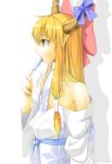  bare_shoulders blonde_hair bow flat_chest hair_bow horns ibuki_suika japanese_clothes long_hair nishiuri off_shoulder pointy_ears popsicle solo tongue touhou 
