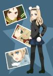  blonde_hair blue_eyes brown_eyes brown_hair chinchilla green_eyes hairband hanna_rudel kanno_naoe looking_back nikka_edvardine_katajainen open_mouth pantyhose scar short_hair skirt strike_witches 