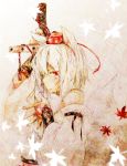  alternate_weapon animal_ears detached_sleeves gauntlets hat hemo-suke highres inubashiri_momiji leaf maple_leaf red_eyes short_hair silver_hair solo sword tokin_hat touhou traditional_media weapon white_hair wolf_ears 