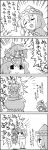  4koma arrow bow bow_(weapon) cirno comic daiyousei failure hair_bow hat highres letty_whiterock lily_white monochrome multiple_girls o_o open_mouth scarf side_ponytail tani_takeshi touhou translated translation_request weapon wings yukkuri_shiteitte_ne 