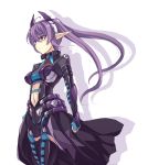  1girl armor clenched_hand headgear highres long_hair navel original pointy_ears purple_hair shadow simple_background solo thigh-highs touya_(the-moon) twintails violet_eyes white_background 