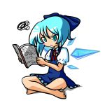  :&lt; angry bad_id barefoot blue_eyes blue_hair blush_stickers bow cirno hair_bow indian_style ranchuu short_hair sitting solo squiggle touhou translated wings 