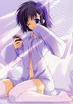  1girl alarm_clock bow_panties dress_shirt navel open_clothes open_shirt panties purple_panties purple_shirt shirt sitting solo striped_panties suzuhira_hiro tagme thigh-highs wink 