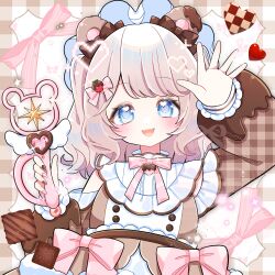  1girl :3 :d absurdres bare_shoulders blue_eyes blush bow bowtie brown_background brown_hair brown_shirt clothing_cutout commentary_request dot_nose frilled_sleeves frills gingham_background gingham_sleeves hands_up hat heart highres holding holding_wand long_hair long_sleeves looking_at_viewer open_mouth original pink_bow pink_bowtie pixelated shirt shoulder_cutout smile solo upper_body wand wataco_coco waving white_hat 