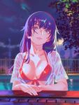  1girl bakemonogatari bikini blue_eyes breasts clouds cloudy_sky collared_shirt commentary_request eyelashes front-tie_bikini_top front-tie_top hair_over_one_eye highres long_hair looking_at_viewer medium_breasts monogatari_(series) moon night night_sky open_clothes open_shirt outdoors parted_lips pool purple_hair purple_sky rapa_rachi red_bikini senjougahara_hitagi shiny_skin shirt short_sleeves sidelocks sky solo star_(sky) starry_sky swimsuit upper_body wet wet_clothes wet_hair wet_shirt 