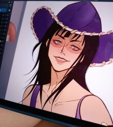  1girl black_hair blue_eyes blunt_bangs commentary cowboy_hat eyelashes hat itsnocti looking_to_the_side medium_hair nico_robin one_piece pink_lips purple_hat simple_background smile solo unfinished untranslatable_commentary upper_body white_background 