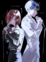  2others 404-chan_(22_0724) absurdres alien_stage black_background black_shirt blue_hair brown_eyes brown_gloves brown_hair character_name cinnabar_(houseki_no_kuni) coat cosplay fingerless_gloves gloves highres holding holding_microphone houseki_no_kuni ivan_(alien_stage) ivan_(alien_stage)_(cosplay) microphone microphone_stand multiple_others other_focus phosphophyllite_(ll) shirt till_(alien_stage) till_(alien_stage)_(cosplay) white_coat 