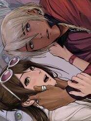  1boy 1girl ace_attorney amikoiiko apollo_justice:_ace_attorney black_shirt blonde_hair blue_eyes blush brown_hair chain chain_necklace collared_shirt dark-skinned_male dark_skin drill_hair earrings ema_skye eyewear_on_head fingernails from_side glasses green_vest half_updo hand_in_another's_hair hand_on_another's_arm hand_on_another's_face hand_on_another's_shoulder highres initial interrupted jacket jewelry klavier_gavin lab_coat lapels long_hair long_sleeves looking_to_the_side mismatched_eyebrows necklace nervous_sweating notched_lapels open_collar pink-tinted_eyewear pink_lips pink_shirt pink_wrist_cuffs popped_collar portrait purple_jacket shirt side_drill sideways simple_background single_earring suit_jacket sunglasses sweat teeth thumb_ring tinted_eyewear tongue upper_teeth_only vest waistcoat watch watch white-framed_eyewear white_background wrist_cuffs zoom_layer 
