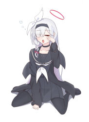  1girl black_choker black_coat black_hairband black_pantyhose black_sailor_collar black_serafuku black_shoes black_skirt blue_archive blush bow braid choker coat collarbone colored_inner_hair commentary_request dere_mono_j full_body grey_hair hair_bow hair_over_one_eye hairband highres long_sleeves multicolored_hair neckerchief one_eye_closed open_clothes open_coat open_mouth pantyhose plana_(blue_archive) pleated_skirt purple_hair sailor_collar school_uniform serafuku shadow shoes sidelocks simple_background single_braid sitting skirt solo teeth upper_teeth_only white_background white_bow white_neckerchief yawning 