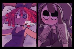  2girls bare_arms black_dress black_eyelids black_necktie black_pants blush bow button_eyes buttons collared_shirt curryroux08 dress drunk hair_bow hat highres jester jester_cap kneeling loose_necktie lying multiple_girls necktie on_back on_bed pants parted_lips pillow pomni_(the_amazing_digital_circus) purple_bow ragatha_(the_amazing_digital_circus) red_hair shirt short_sleeves sleeveless sleeveless_dress sleeves_rolled_up sweatdrop teeth the_amazing_digital_circus unbuttoned unbuttoned_shirt white_shirt yuri 