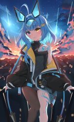  1girl black_jacket black_shirt blue_eyes blue_hair blue_sky blush body_markings cable clouds commentary english_commentary guard_rail hair_ornament headgear heterochromia highres hip_tattoo indie_virtual_youtuber jacket leaning_back leaning_on_object orange_sky sayu_sincronisity shirt shooting_star short_hair single_bare_leg single_bare_shoulder single_thighhigh sky smile solo star_(sky) sunset tattoo techwear thigh-highs usurahi98 virtual_youtuber yellow_eyes 