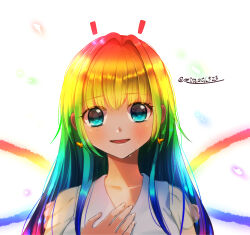  1girl animification blue_eyes blush crying crying_with_eyes_open dress fairy happy highres humanization long_hair looking_at_viewer miraxth523 multicolored_hair open_mouth paper_mario personification rainbow_hair simple_background smile solo super_mario_bros. super_paper_mario tears tippi_(paper_mario) white_background wings 