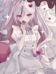  1girl arm_at_side chocolate chocolate_drip collar collared_dress commentary_request cookie couch diamond-shaped_pupils diamond_(shape) dress eating facing_viewer food food_writing frilled_dress frills gem grey_hair hair_between_eyes hair_ornament hand_to_own_mouth hand_up heart heart-shaped_cookie heart-shaped_food heart-shaped_pillow heart_hair_ornament heart_print highres long_hair looking_at_viewer love_letter mosaic_background nanamiya_ten original pillow pink_ribbon puffy_short_sleeves puffy_sleeves red_eyes red_gem ribbon ringed_eyes short_sleeves side_ahoge sidelocks sitting solo sparkle_print symbol-shaped_pupils valentine very_long_hair white_collar white_dress white_ribbon 
