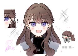  1girl :d ^^^ ^_^ alternate_hairstyle anyoji_hime arrow_(symbol) black_sweater blush brown_hair character_age character_name chibi chibi_inset closed_eyes commentary_request earrings fujishima_megumi fujishima_megumi_(post-graduation) grey_jacket hair_down heart heart_earrings heart_necklace highres jacket jewelry link!_like!_love_live! long_hair love_live! multiple_views necklace open_clothes open_jacket open_mouth osawa_rurino ponytail simple_background smile sparkle suit_jacket sweater turtleneck turtleneck_sweater violet_eyes virtual_youtuber watage_modoki white_background 