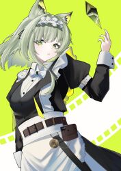  1girl absurdres animal_ear_fluff animal_ears arknights arm_up belt belt_buckle bow bowtie brown_belt buckle buttons commentary crystal film_strip frills green_background green_eyes green_hair highres juliet_sleeves kal'tsit_(arknights) long_hair long_sleeves maid official_alternate_costume parted_lips puffy_sleeves sleeve_belt solo traditional_bowtie usatoto_1 white_belt white_bow white_bowtie 