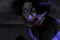  1boy angelgemy batman_(series) black_bodysuit blood blood_on_face blue_bodysuit bodysuit commentary dc_comics dick_grayson highres male_focus multicolored_bodysuit nightwing red_eyes smile solo superhero_costume taut_bodysuit untranslatable_commentary vampire 