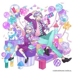  2boys :d ;d age_comparison ahoge aqua_necktie arm_up ball balloon birthday birthday_cake black_shoes blazer boutonniere bow bow-shaped_hair box braid cake child clock_over_orquesta collared_shirt commentary_request confetti copyright_notice crossed_legs curtained_hair diagonal-striped_clothes diagonal-striped_necktie dual_persona flower food footwear_tassel fork full_body gift gift_box green_pants grey_hair hair_between_eyes hair_over_shoulder hat hat_flower highres holding holding_fork holding_plate jacket kanyoko_(yuzukano_17) loafers long_hair long_sleeves looking_at_viewer low_ponytail male_focus mary_janes multicolored_hair multiple_boys necktie official_art on_box one_eye_closed open_clothes open_jacket pants party_cannon party_hat pink_shirt pinstripe_jacket pinstripe_pattern pinstripe_shorts pinstripe_vest plate polka_dot_balloon polka_dot_necktie ponytail purple_bow purple_jacket purple_shorts purple_streaks purple_vest sample_watermark shirt shoes short_sleeves shorts shoulder_cannon simple_background single_braid sitting sitting_on_box sitting_on_gift_box smile socks star_balloon streaked_hair streamers string_of_flags striped_clothes stuffed_unicorn tassel teeth tenma_nanase toy_block triangle_button upper_teeth_only v vest violet_eyes watermark white_background white_necktie white_socks 