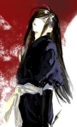  1other androgynous black_hair blue_kimono bridal_gauntlets commentary cowboy_shot english_commentary from_side hair_over_one_eye head_back highres holding holding_kunai holding_weapon japanese_clothes jigokuraku kimono kunai long_hair looking_at_viewer mischan other_focus painterly parted_lips red_background red_lips sash shija sidelocks solo two-tone_background weapon white_background white_sash 