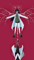  2girls :d angela_(project_moon) bear_hair_ornament black_hair black_shorts carmen_(project_moon) censored censored_identity coat collared_shirt fake_wings full_body green_shirt hair_ornament high_ponytail highres lab_coat lobotomy_corporation long_hair long_sleeves mona_koko multiple_girls nervous_system open_mouth outstretched_arms own_hands_together ponytail project_moon red_background scribble_censor shirt shoes shorts simple_background smile spread_arms upside-down very_long_hair white_coat wings 