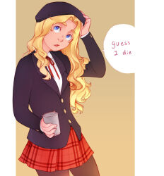  1girl adjusting_clothes adjusting_headwear beret black_hat black_jacket blonde_hair blue_eyes brown_background brown_thighhighs can collared_shirt commentary cowboy_shot english_commentary english_text frenda_seivelun hand_up hat head_tilt highres holding holding_can jacket layered_sleeves long_hair miniskirt neck_ribbon nose open_mouth pillarboxed plaid_clothes plaid_skirt pleated_skirt red_ribbon red_skirt ribbon shirt skirt solo speech_bubble standing talking thigh-highs toaru_majutsu_no_index toaru_majutsu_no_index:_old_testament vilatile wavy_hair white_shirt 