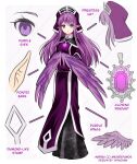  1girl absurdres character_name commission dress feathered_wings feathers habit harpy highres jewelry marissa_(amos_defamos) monster_girl original pendant pointy_ears purple_dress purple_feathers purple_hair purple_wings solo violet_eyes white_background winged_arms wings yaya_chan 