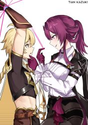  1boy 1girl abs aether_(genshin_impact) ahoge arms_up artist_name bdsm black_jacket black_pantyhose blonde_hair blush bondage bound braid collared_shirt commission couple crop_top english_commentary eyewear_on_head frilled_sleeves frills from_side genshin_impact gloves hair_between_eyes hair_up hand_on_another's_chin hetero high_ponytail highres honkai:_star_rail honkai_(series) in-franchise_crossover jacket jacket_on_shoulders kafka_(honkai:_star_rail) long_sleeves looking_at_another looking_down looking_up mihoyo open_mouth pants pantyhose ponytail purple_hair scarf second-party_source shirt short_sleeves shorts single_braid smile standing sunglasses tian_kazuki trap upper_body violet_eyes white_background white_shirt yellow_eyes 
